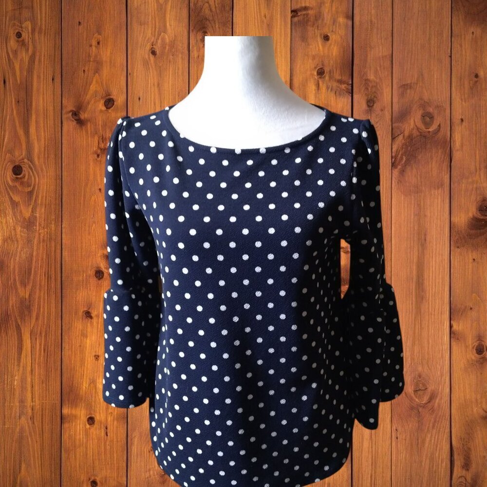 Green Envelope Blue Polka Dot Blouse Top 3/4 Bell Sleeves Size Small Pullover